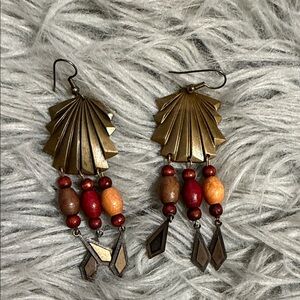 Gold and Red Beaded Costume Dangle Earrings